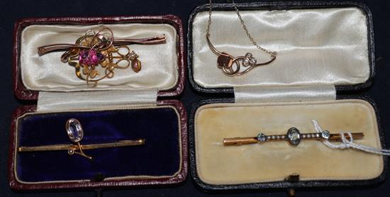 A 9ct gold and diamond pendant necklace, a 9ct gold openwork pendant, a 15ct gold bar brooch and two other bar brooches